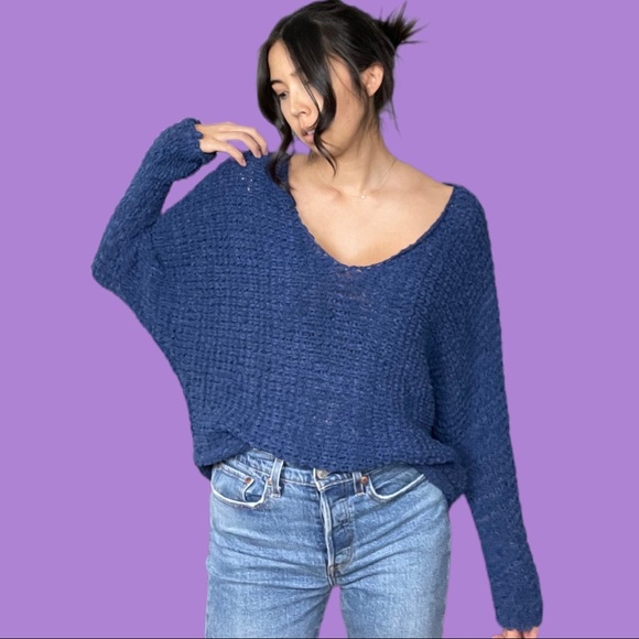Free People Dolphin Bay Blue Cozy V-Neck Sweater XS - Picture 3 of 8